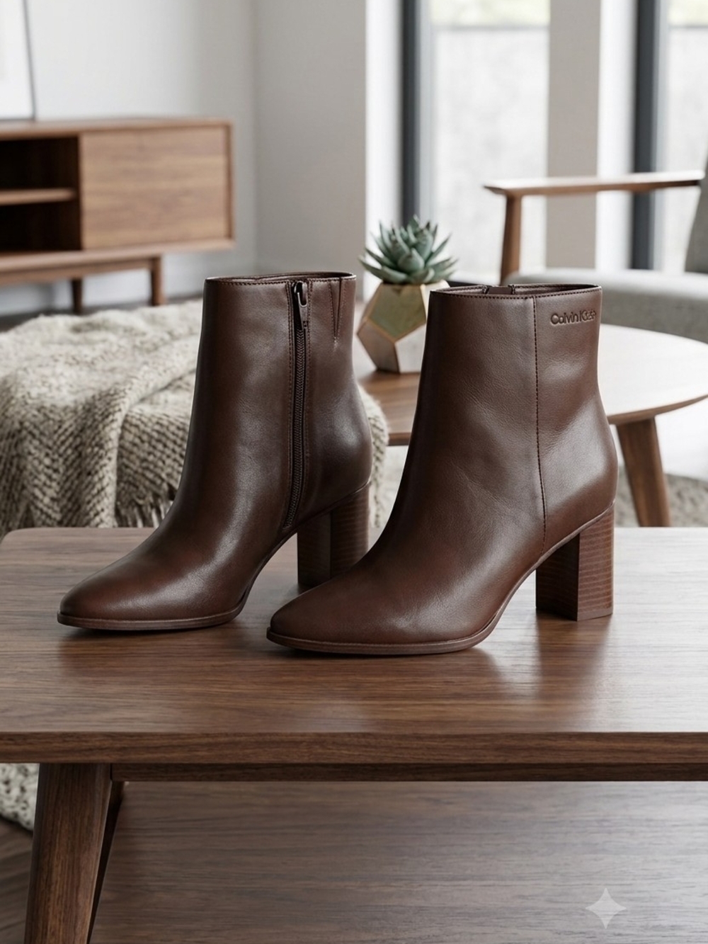 Calvin Klein Dark Brown Leather Mid-Heel Ankle Booties